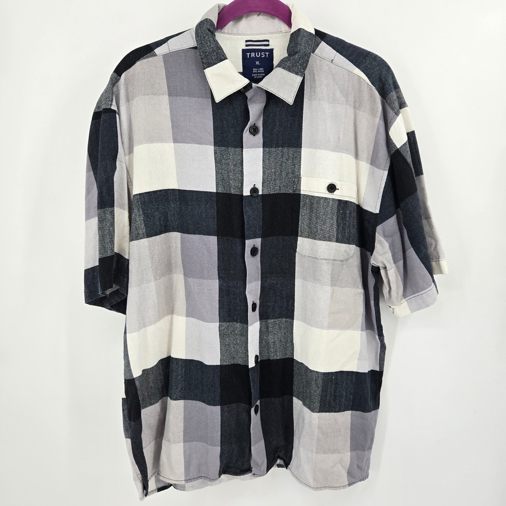 TRUST‎ Linen Blend Shirt XL Grey Black Buffalo Plaid Short Sleeve Button Up EUC